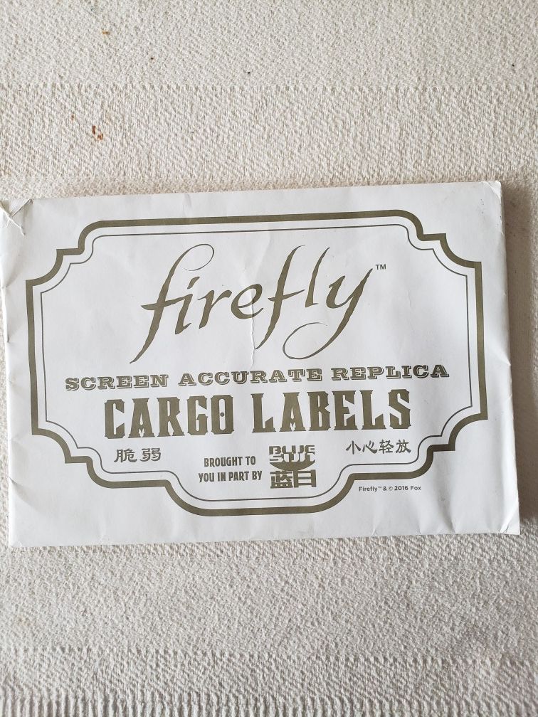 Serenity/Firefly screen Accurate replica cargo labels prop.
