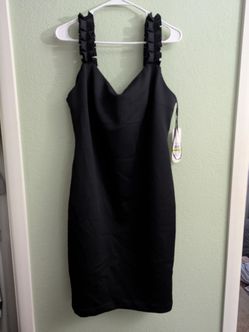 Classic Calvin Klein black formal mini dress with ruffled straps and V-neckline