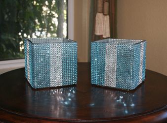 Set of 2 Turquoise Rhinestone Glass Vases – 5” Cube Centerpieces
