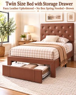 Twin bed with drawer Brown. No Boxspring needed. Faux leather