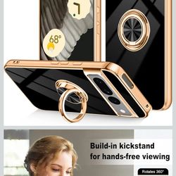 Dinick for Google Pixel 7 Pro Case with Ring Holder Kickstand, Soft TPU Gold Plated Cover, Anti-Scratch, Shockproof Protection, Slim, Magnetic Stand C
