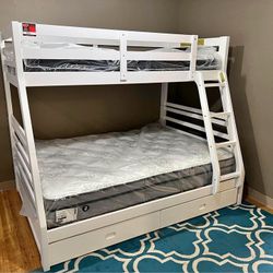 Brand New 🎯 Finance and Delivery 🎗️White Twin Full Bunk Bed With 2 Drawers 