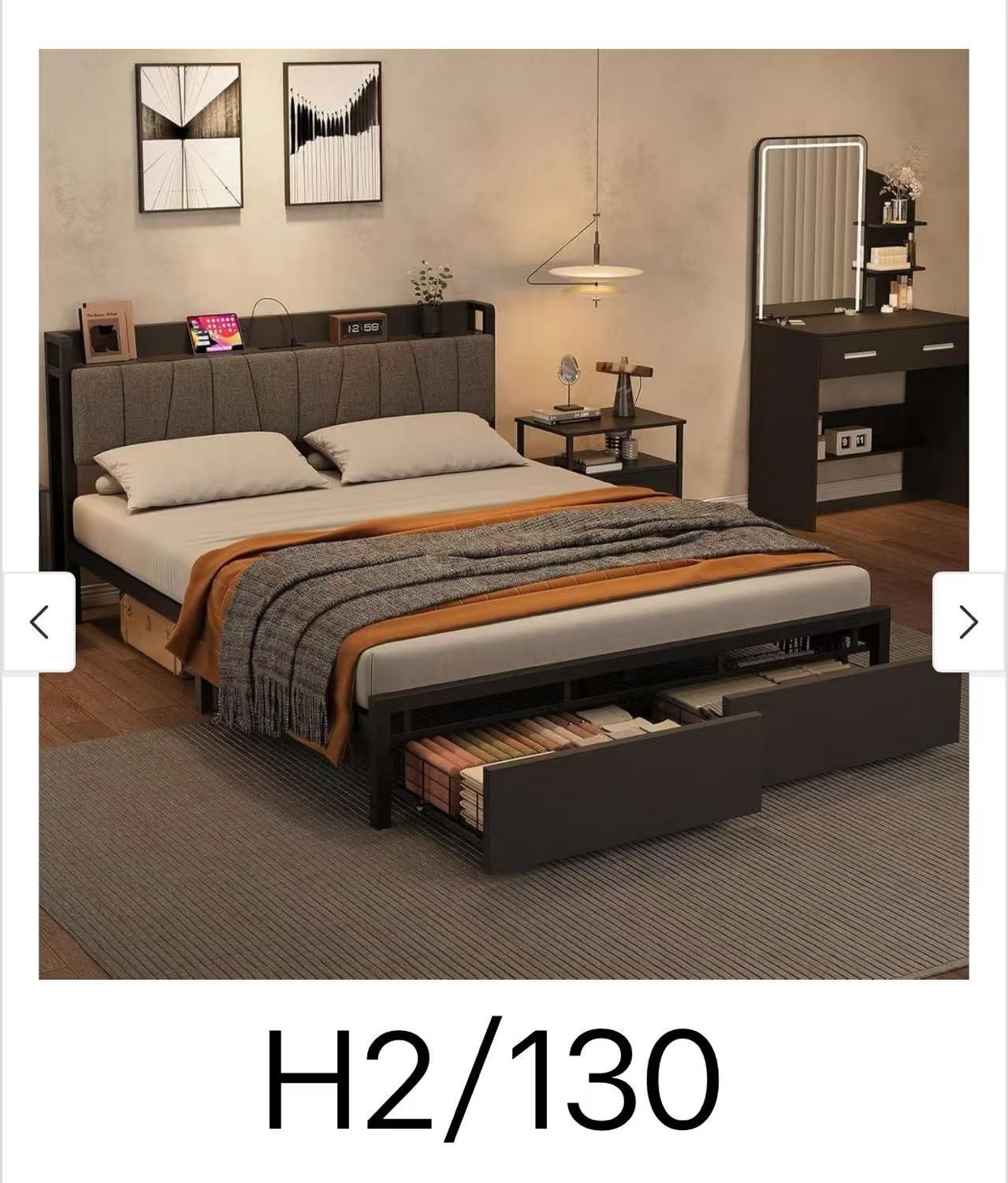 Queen Size Bed Frame with Storage Headboard, Industrial Full Platform Bed with 2 Large Drawer H2