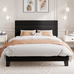 Full Size Bed Frame, Platform Bed Frame with Velvet Upholstered Headboard, Black