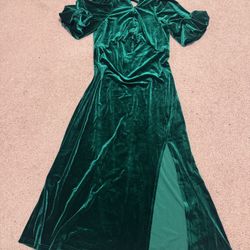 New large green velvet dress button vintage Coctail evening poof sleeve stretchy 