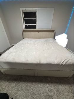 Beige Upholstered Queen Bed Frame with Storage Drawers & Headboard Shelf