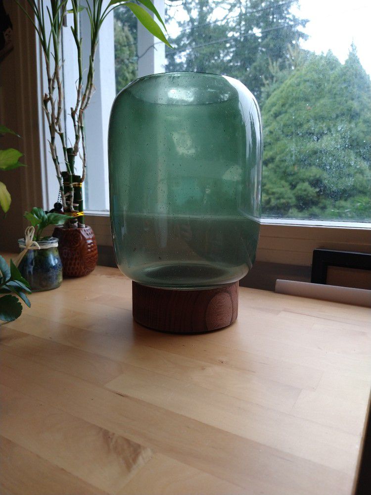 Green Glass And Wood Hurricane Glass Vase Large