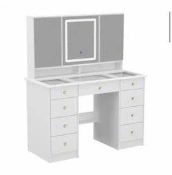 White Makeup Vanity Desk 9 Drawers Wood Dressing Table With 3 Mirrors, Glass Top, Hidden Storage Shelves, LED Lighted