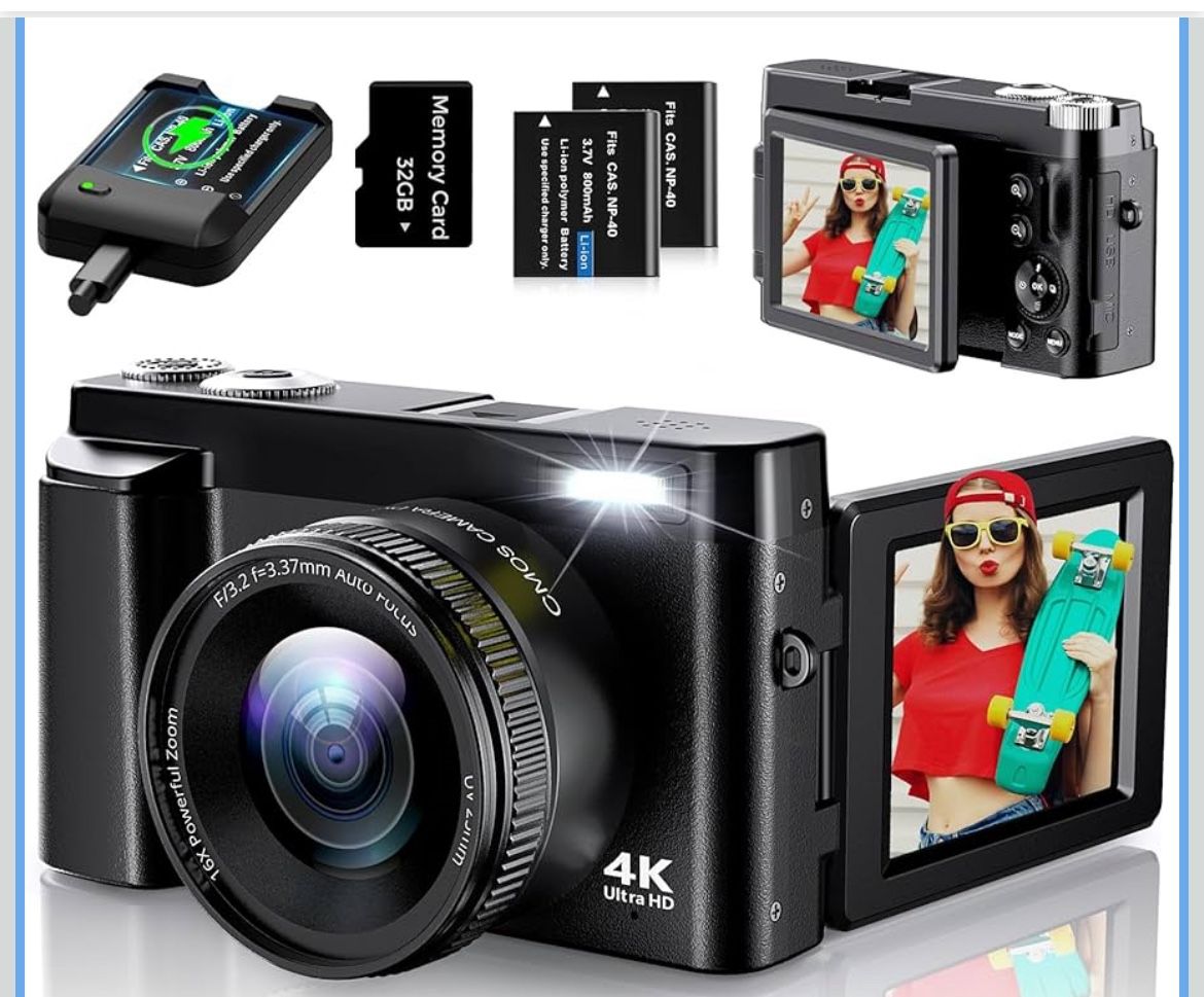 4K Digital Camera for Photography, UHD Autofocus 48MP 180° Flip Screen 16X Zoom Compact Point Shoot Vlogging Camera for YouTube with 2 Batteries,