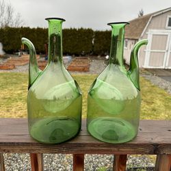 Vintage Italian Wine Decanter Keeper Cooler Green Blown Glass Ice Hole X2