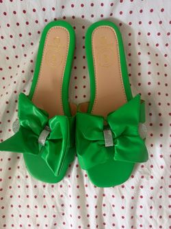 Green Bow Slide Sandals with Rhinestone Detail
