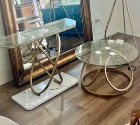 ($120 for Set) Modern Gold Metal Glass Bar Table (42” L x 32”H)  + Coffee Table (32” Diameter)