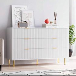 White 6 Drawer Dresser For Bedroom, 56" Wide Wood Dresser Organizer With Metal Legs, Modern Chest Of Drawers For Bedroom, Hallway, Home Office