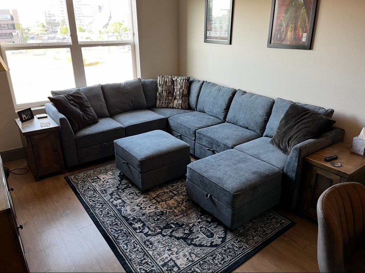 HONBAY Reversible Modular Sleeper Sectional Sofa with Storage, Couch for Living Room, Bluish Grey