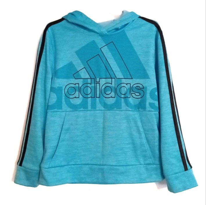 Adidas pullover fleece hoodie boys size 8 medium turquoise blue like new
