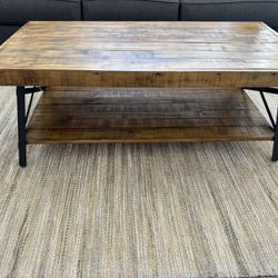 Wood And Iron Coffee Table And 2 Side Cocktail Tables. 