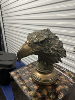 Large Bronze Finish Eagle Head Bust Sculpture on Round Pedestal Base