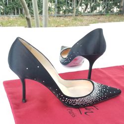 Christian Louboutin Follies black silk  heels With Swarovski Crystals