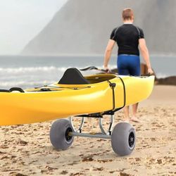 Bonnlo Kayak Beach Cart, Width Adjustable 6.3"-18.7" Universal Canoe Dolly Heavy Duty Kayak Trolley with 12" Balloon Beach Wheels, Kickstand, and Free