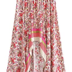 Women Ethnic Floral Print Beach Bohemian Long Skirts High Elastic Waist Asmmetrical Maxi Skirt