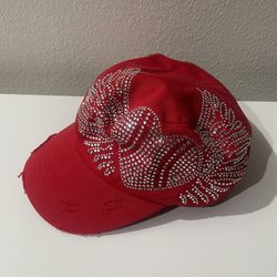 Red Rhinestone Heart Angel Wings Distressed Baseball Cap Bling Women’s Hat