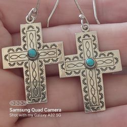Vtg.Designer "HOB" Sterling Silver Turquoise Cross Earrings