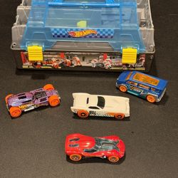 Hot Wheels 2 Lane Starting Launcher & Storage Box Carrying Case W/ 4 Hot Wheels Cars. HW40, HW50 concept, The Gov'ner, & Speedbox Van SB-1.