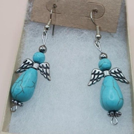 Vintage Angel Earrings, Faux Turquoise