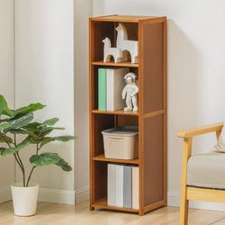 MoNiBloom Narrow Bookcase Bamboo 4 Tier Free Standing Tall Bookshelf Display Storage Shelves Collection Décor Furniture for Home Living Room Study Roo