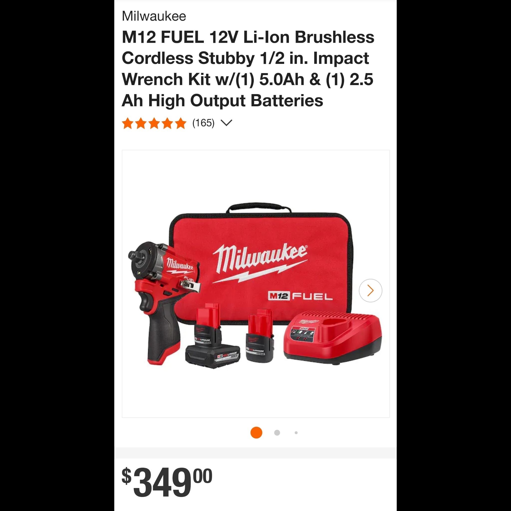 Newest model 2563-22 Milwaukee M12 FUEL 1/2 in. Stubby Impact Wrench Kit w/(1) 5.0Ah, (1)2.5 Ah High Output Batteries, Tool Bag/charger-brand new.