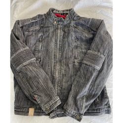 Vintage Red Route Motorcycle Jacket Men's Size 46 XL London Gray Denim Zipper