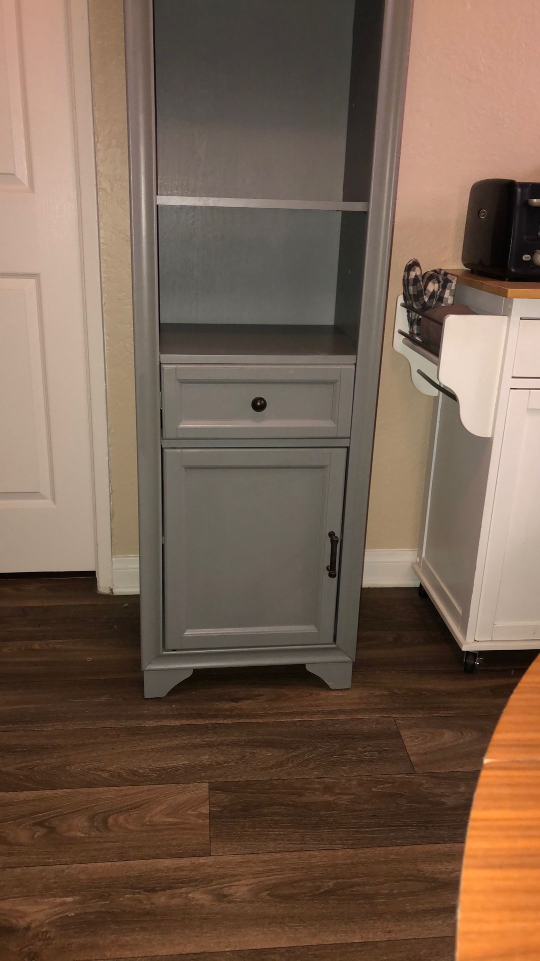 Bathroom/kitchen Storage Cabinet, Gray (distress Look) Adjustable Shelves, Excellent Condition, 18”w , 67.6”h, 15”d,  $200. or Best Offer, Call Marina