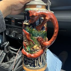 German Beer Stein, Fox Handle Deer Wilderness DIE GRUNE HEID, DAS JAGERS FREUD"