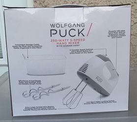 Wolfgang Puck 250-Watt 5-Speed Electric Hand Mixer with Storage Caddy – White