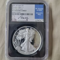 2021 W Silver Eagle Heraldic Eagle T-1 First Day Of Issue Silver Dollar PF 70 Signed By The 38 Director US Mint Edmond C Moy