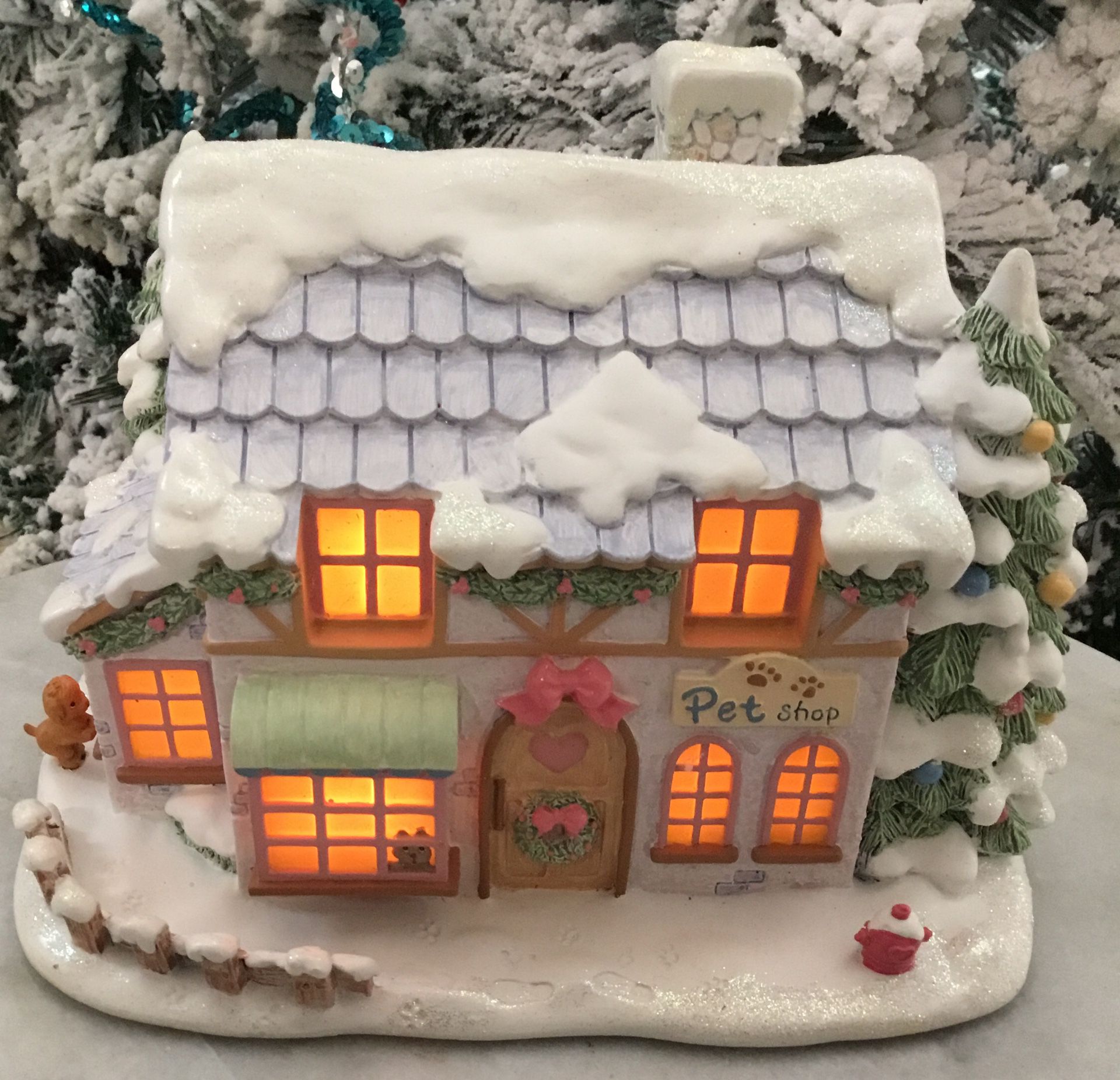 Collectible Hawthorn Precious Moments Christmas Village Precious Little Pet Shop.