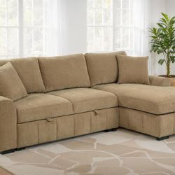 **SALE** Sectional Sofa With Pull Out Bed In Soft Camel Color Fabric! 
