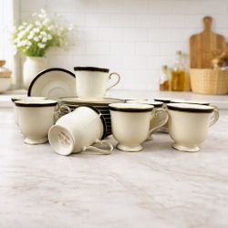 Mikasa Petite Bone L8206 Black Tie Japan 10 Cup & Saucer Set - Discontinued