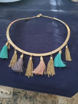 Gold Collar Necklace with Multicolor Tassels