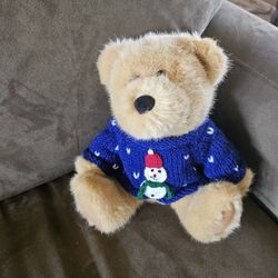 Stuffed Brown Bear 🧸 with Blue Christmas 🎄 Snowman Sweater 10" tall 