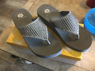 NEW in Box~Size 9~Yellow Box Sandals~Grey Wedge Heel~Heavy Rhinestone Embellishment on Strap