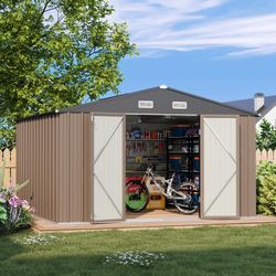New Heavy Duty 10' x 10' Metal Tool Storage Shed with Lockable Doors for Outdoor Garden Patio Backyard, Brown  New in box ps23 0406c *  * Superior Dur