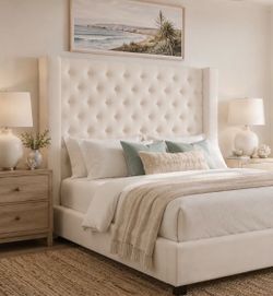 Modern Style Bed - Tall 6 foot tufted headboard available in Beige or Grey