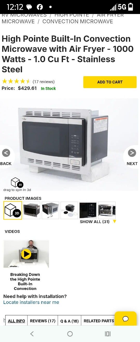 Like New Travel Trailer High Point Air Fryer / Microwave Thousand Watts For RV 50% Off