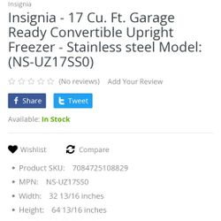 INSIGNIA  CONVERTIBLE FRIG/ FREEZER UPRIGHT 17 CF 