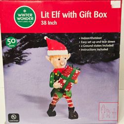 Christmas Elf With Gifts Lit 50 Lights 38"H Indoor/Outdoor - Used + Box/Stake