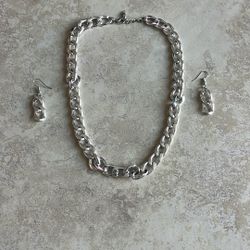 Silver Chain Necklace and Matching Earrings Costume Jewelry 