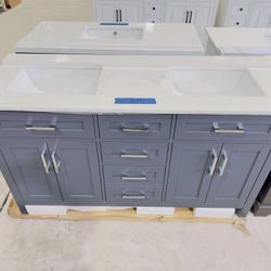 “60” Brand New Beautiful Bathroom Vanity in Marine Gray double sink, Soft Close Solid Wood, 5 drawers and 4 doors and electrical outlets included