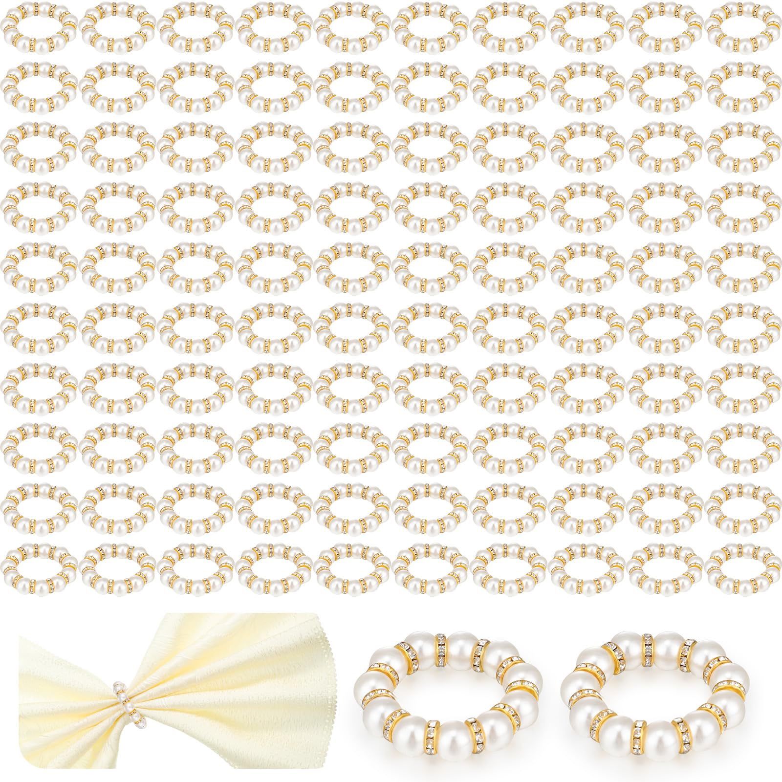 Tanlade 150 Pcs Wedding Pearl Napkin Rings Imitation Pearl Beaded Napkin Rings Holder Silver White And Gold Elastic Dinner Table Decor Rhinestone Serv