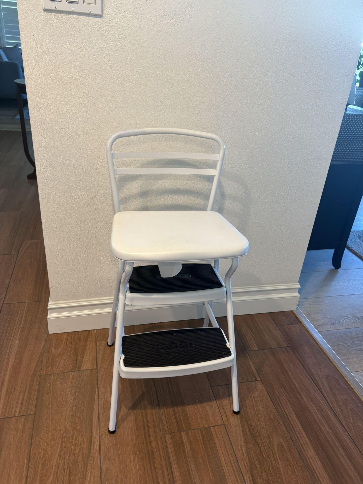 Cosco Stylaire Retro Chair + Step Stool with a flip-up seat in white.